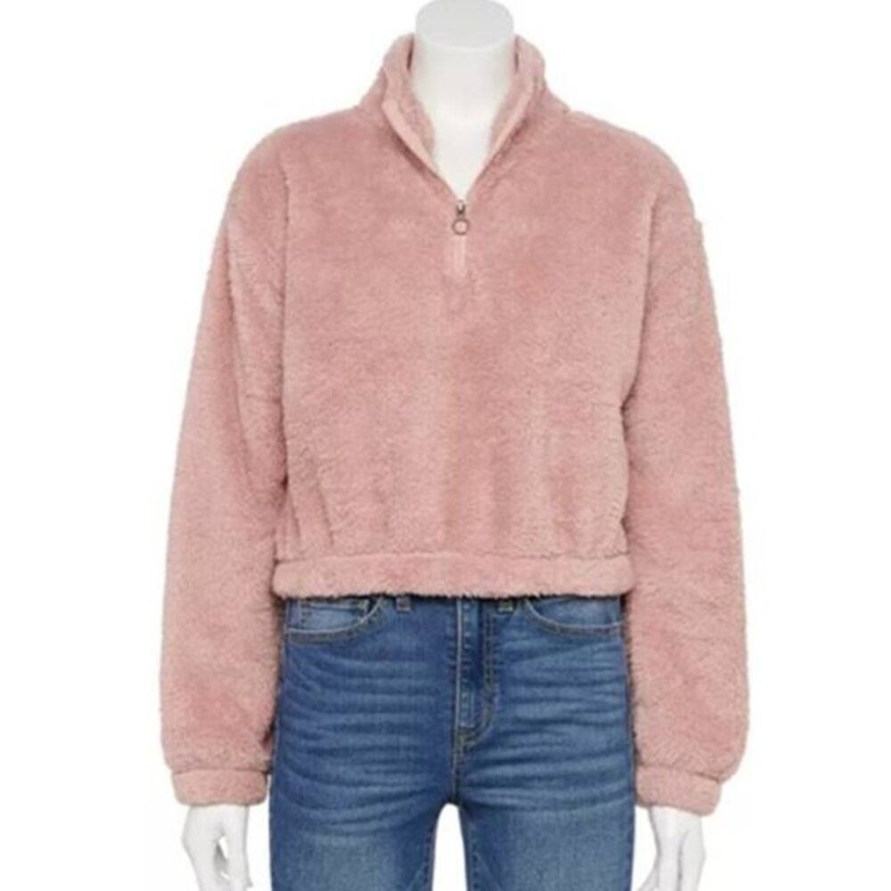 Women's Crop Sweater Soft Sherpa Quarter-Zip Pink Large $59